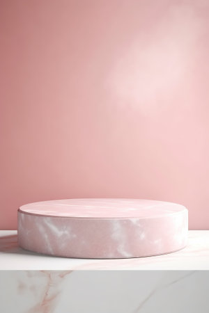 Light pink and golden product presentation mock-up. Marble podium with copy space. Stage, display, showroom. Empty scene. Generative AI. Illustration.の素材