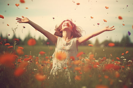 Happy young woman in poppy field with flying petals in the airの素材