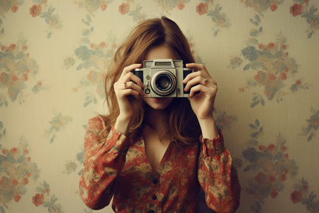 Young girl with a camera in her hands on a floral wallpaper backgroundの素材