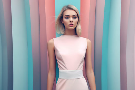 Fashion portrait of a beautiful blonde woman in a pink dress.の素材