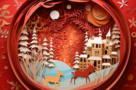 Winter landscape with Christmas trees and houses. Paper art style. Vector illustration.の素材