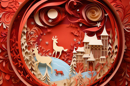 Christmas and New Year background. Paper cut style. 3D illustration.の素材