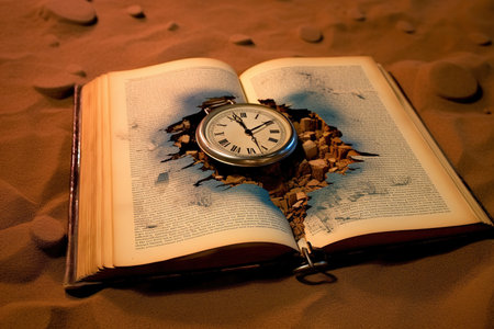 Pocket watch on an open book in the sand. Time concept.の素材