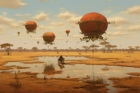 Hot air balloons flying over a flooded field with reflection in the water.の素材