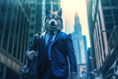 Portrait of a wolf in a blue suit with a backpack in the cityの素材