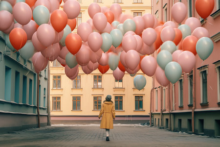 A girl in a yellow coat walks along the street with colorful balloons.の素材