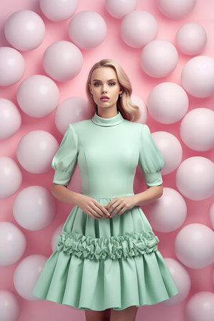 Fashion portrait of a beautiful blonde girl in a green dress on a pink background.の素材