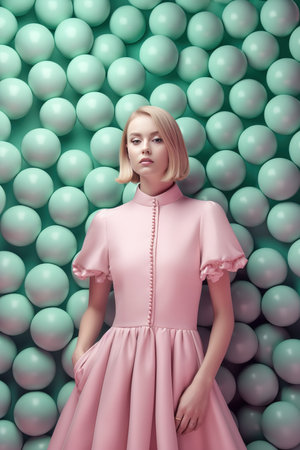 Fashion shot of a beautiful blonde woman in a pink dress on a background of green balls.の素材