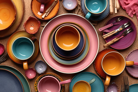 Colorful ceramic tableware and cutlery on brown background, top viewの素材