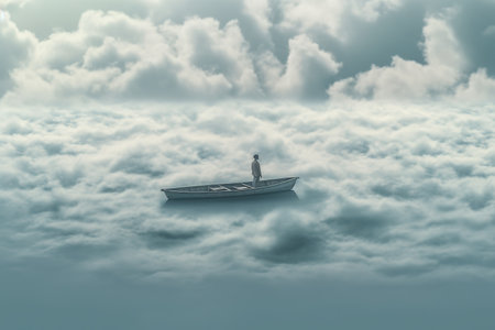 Fantasy landscape with a lonely fisherman on a boat in the cloudsの素材