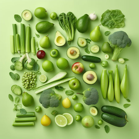 Fresh green vegetables and fruits on green background. Healthy eating concept.の素材