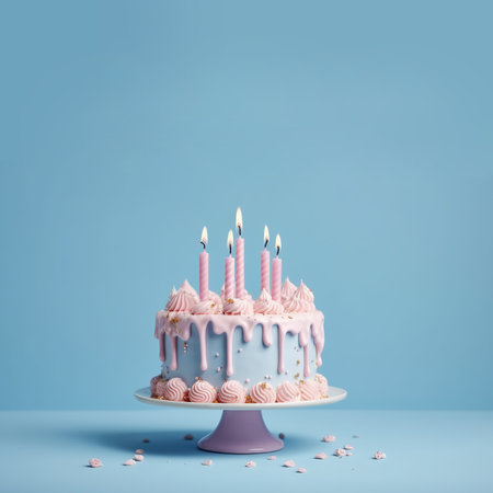 Beautiful birthday cake, on blue background with copy space. Ai generative. Illustrationの素材