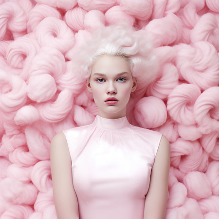 Fashion shot of a beautiful young woman on a pink background.の素材