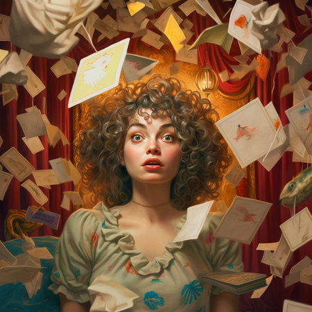 Surprised young woman sitting in a room full of paper sheetsの素材