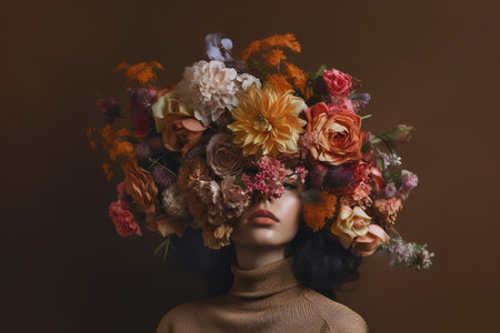 Beautiful girl with a wreath of flowers on a brown backgroundの素材
