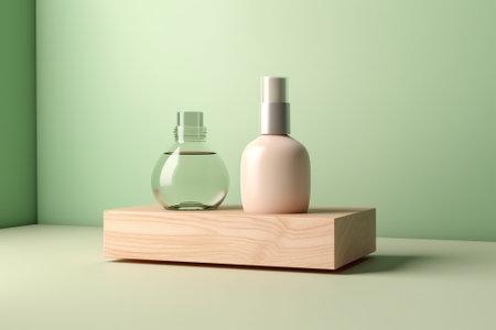 Cosmetics branding mock-up, bottles and containers on pastel green background. Product presentation. Beauty and body care product concept. Ai generativeの素材