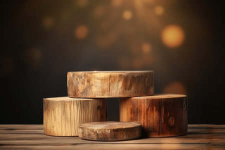 Wooden podium on table against bokeh background. Mock up for designの素材