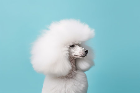 White poodle dog on a blue background. Studio photo of a dog.の素材