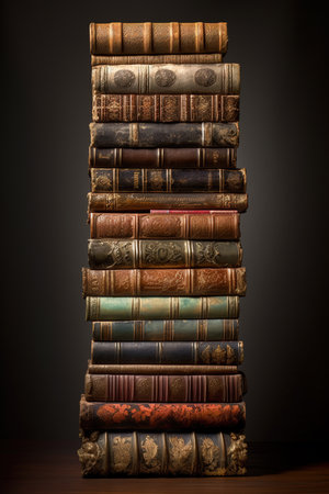 Pile of old books on a dark background. 3d renderの素材