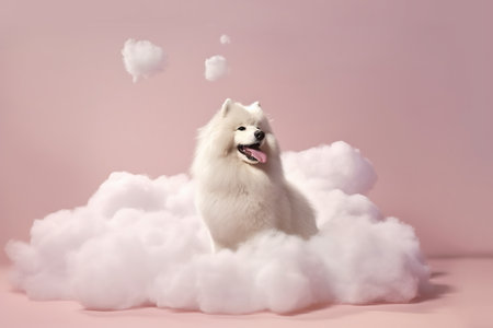 Cute Samoyed dog sitting in the clouds on a pink backgroundの素材