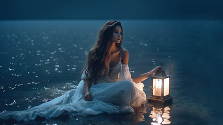 Beautiful girl in a white dress sitting on the lake with a lanternの素材