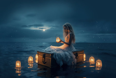 Beautiful mermaid in the sea with a magic box and candlesの素材
