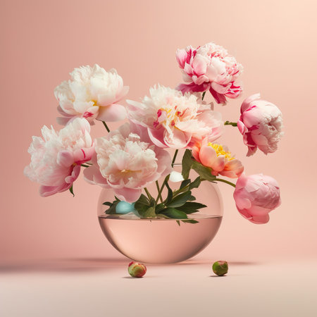 Bouquet of peonies in a vase on a pink backgroundの素材