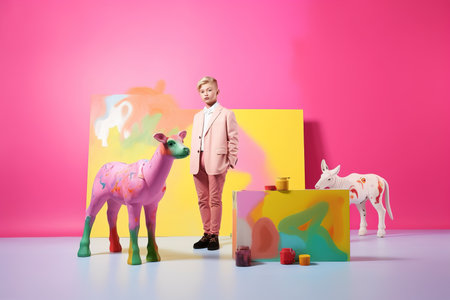 Full length portrait of a boy in a pink suit standing next to colorful figures of animals.の素材