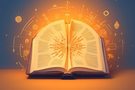 Open book with glowing lines and symbols on orange background. Education conceptの素材