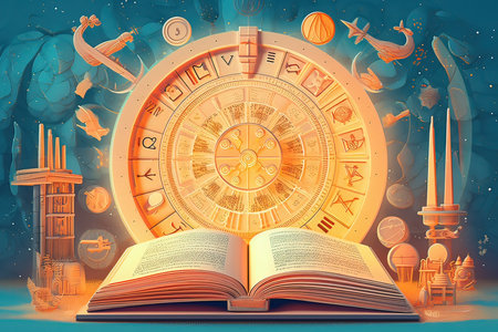 Zodiac signs, horoscope, astrological symbols, open book.の素材