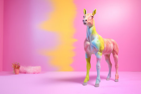 3d rendering of a unicorn in pastel pink and yellow backgroundの素材