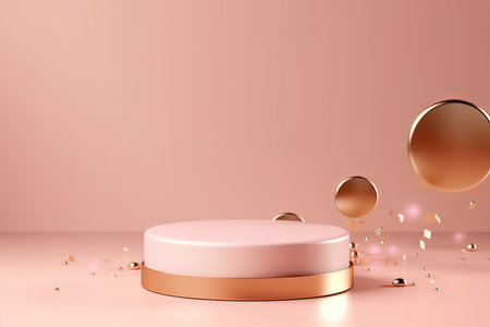 Product presentation mock-up. Pink and golden podium with confetti and copy space. Stage, display, showroom. Generative AI.の素材