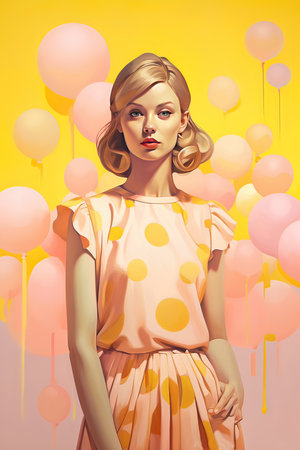 Fashion portrait of a beautiful young blonde woman with colorful balloons.の素材
