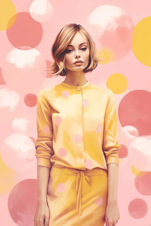 Fashion portrait of a beautiful young woman in a yellow dress.の素材