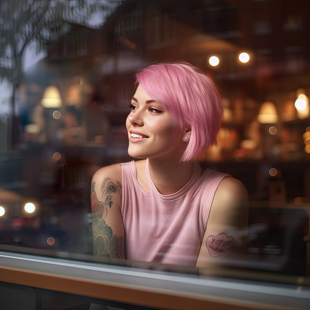 Portrait of a beautiful young woman with pink hair in a cafeの素材