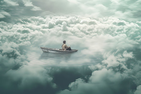 Fisherman in a boat in the clouds. 3d renderingの素材