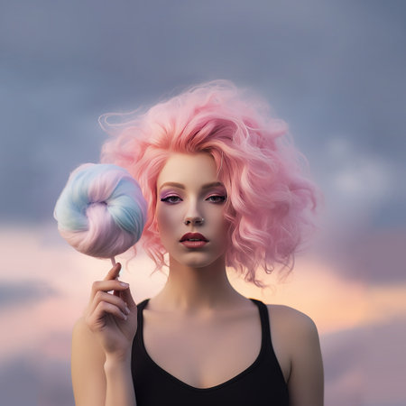 Beautiful young woman with pink hair and makeup holding lollipopの素材