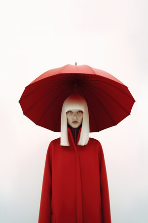 Mannequin in red coat and umbrella on white background. Studio shot.の素材