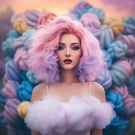 Portrait of a beautiful girl with pink hair in the clouds.の素材