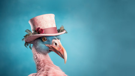Portrait of a bird with a vintage hat. Costume, fashion, fun. Ai generative. Illustration.の素材
