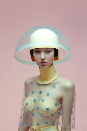 Female mannequin dressed in polka dot lingerie and a white helmet. 3d renderingの素材