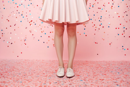 Legs of a yound woman in dress, in room full of confetti. Ai generative. Illustrationの素材