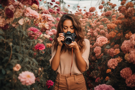 Beautiful young woman photographer with a camera on the background of flowersの素材