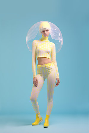3d rendering of a female robot in yellow and white latex clothesの素材