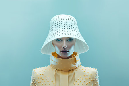 Fashion shot of a beautiful woman in a white hat on a blue background.の素材