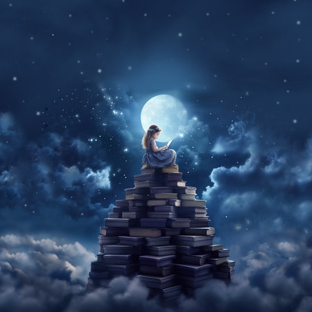 Young woman sitting on pile of books and reading in the night skyの素材