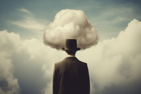 Rear view of businessman with top hat and cloud instead of headの素材