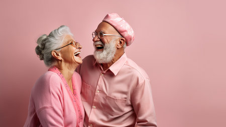 Cheerful senior couple smiling and looking at camera isolated on pinkの素材