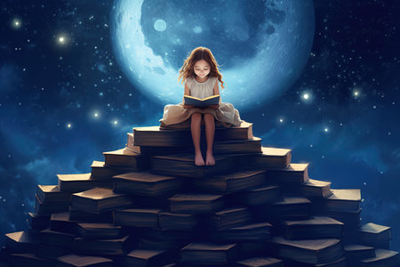 Little girl reading a book sitting on top of a pile of booksの素材