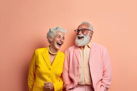 cheerful senior couple smiling and looking at camera on pink backgroundの素材
